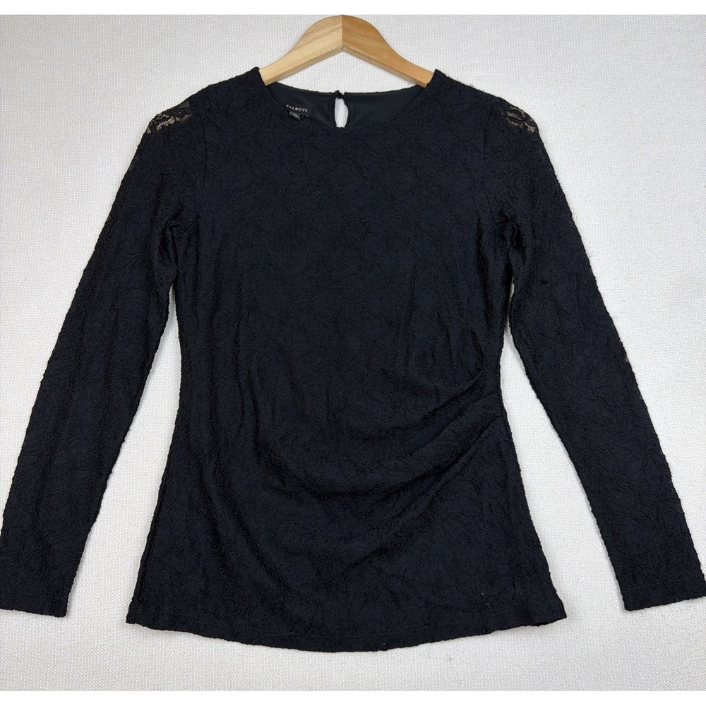 Talbots Lace Top Blouse Womens Size XS Black NWT Side Ruched Minimalist Stretch